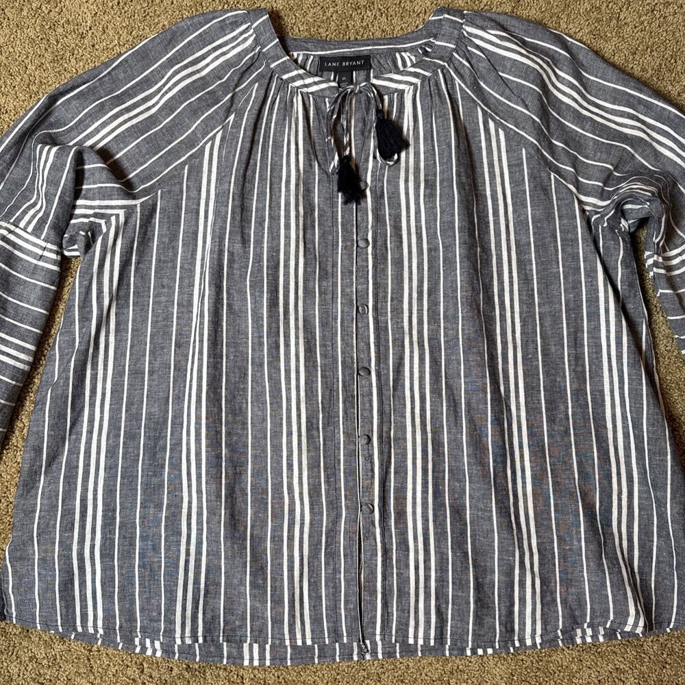 Lane Bryant Women’s Sz 20 Linen Cotton Peasant Blouse Navy White‎ Stripe